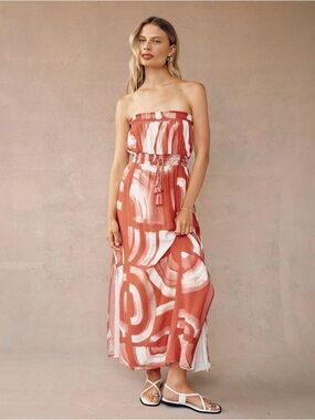 Bella Dahl Abstract Art Strapless Midi Dress Smocked NWOT Style Size Small